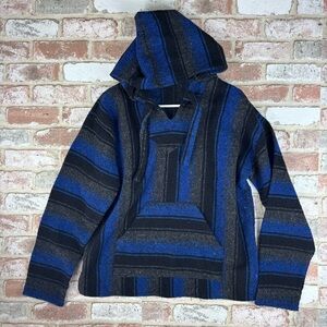Earthbound Trading Co Baja Hoodie Mexican Poncho Hippie Surfer Royal Blue Medium